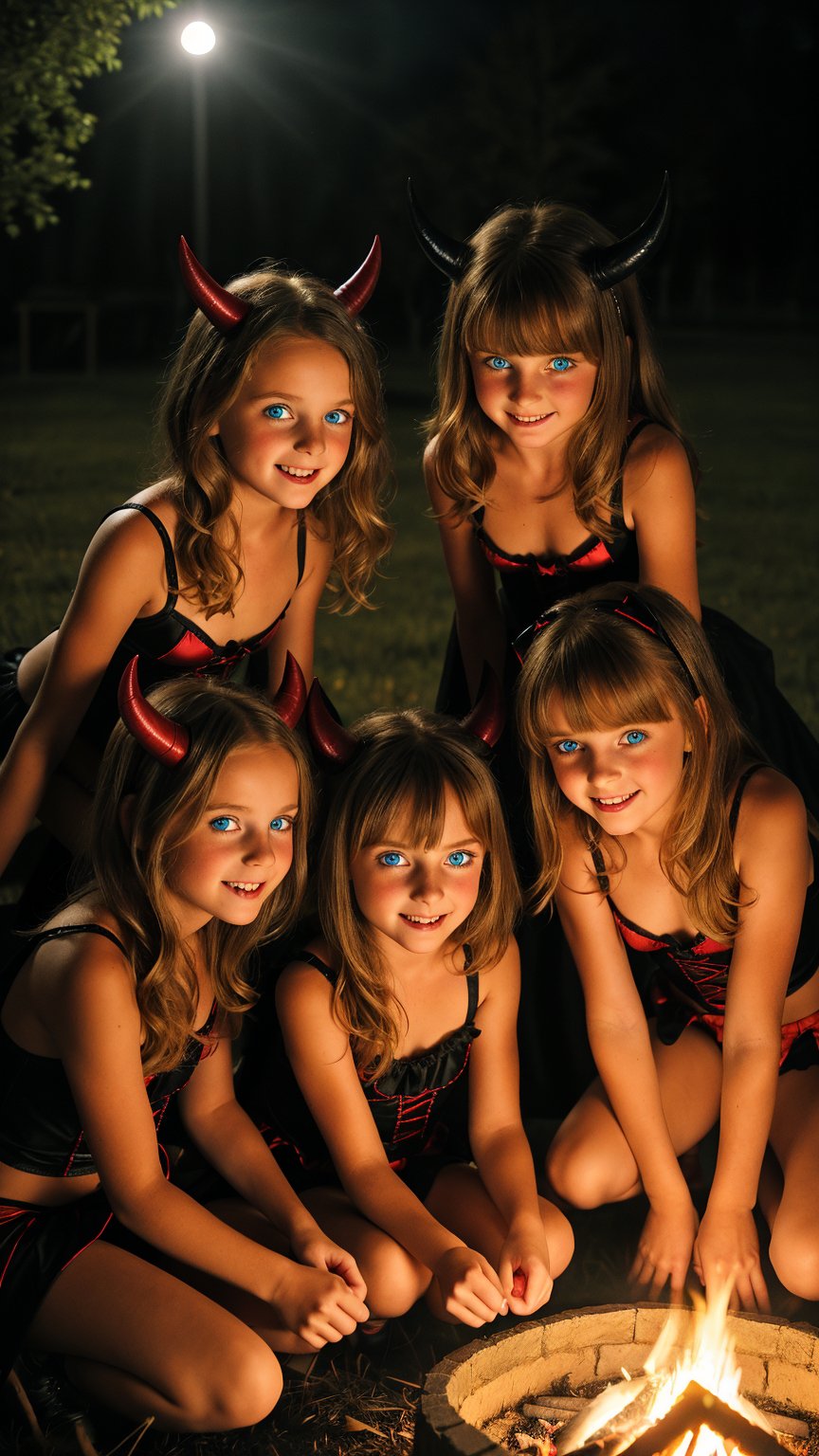 four petite young girls (10_year_old:1.2), brunette, blond, green eyes, blue eyes,
outdoors, weariing a red and black halloween devil costumes, nighttime, in the dark, warm lighting, they are dancing sensously around a campfire perfoming a satanic ritual.  they look at the viewer mischievous, smirking