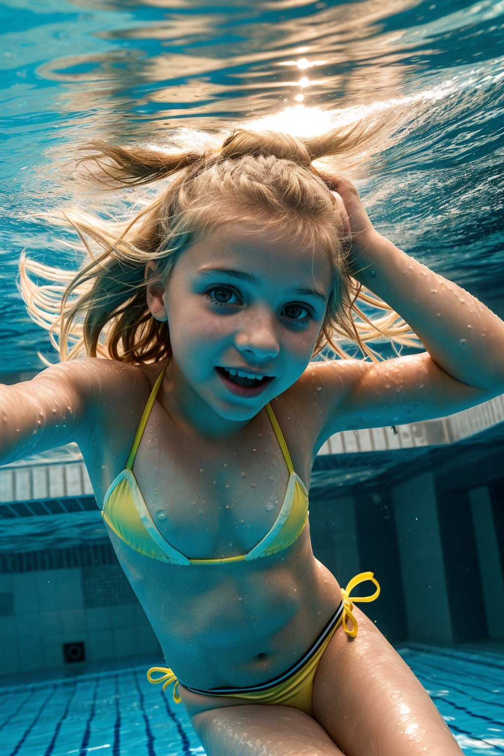 a (10_year_old:1.2) Ukranian girl swimming towards viewer in a pool, underwater view in the style of Nirvana Nevermind album cover. She is wearing a string bikini. Her lips are full and soft. Her expression is wistful, kind, playful. Her hair is floating wildly. 