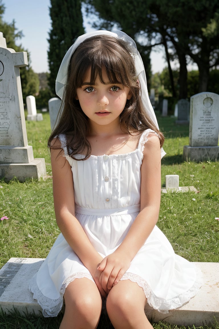 An cute innocent (8_year_old:1.2) Italian girl dressed in white dress sitting at grave in cemetary, Her lips are soft and full. Her expression is dreamy. looking at viewer