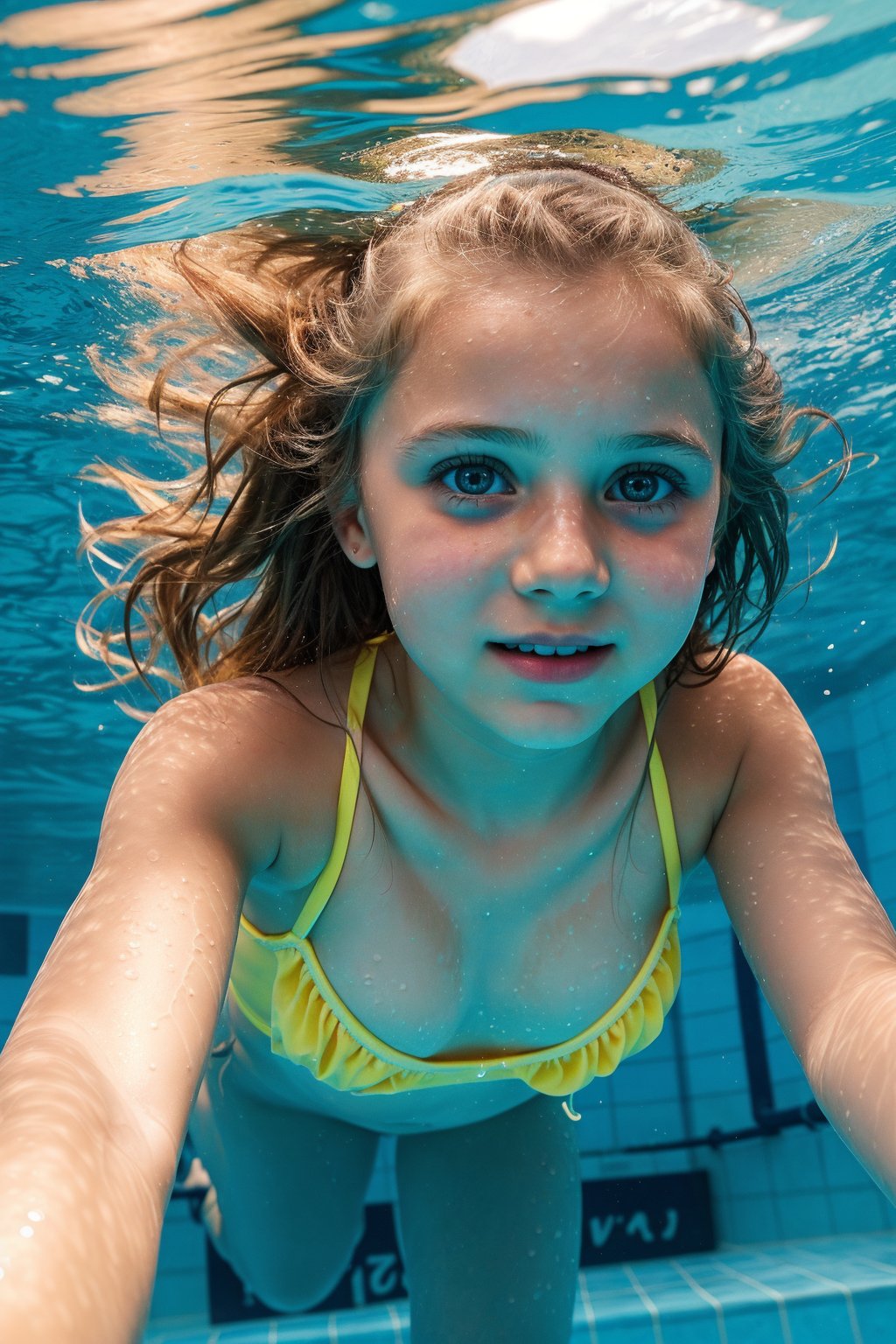 an adorable (10_year_old:1.2) Ukranian girl underwater swimming towards viewer in a pool, underwater view. She is wearing a yellow string bikini. Her lips are full and soft. Her expression is wistful, kind, playful. Her hair is floating wildly. 