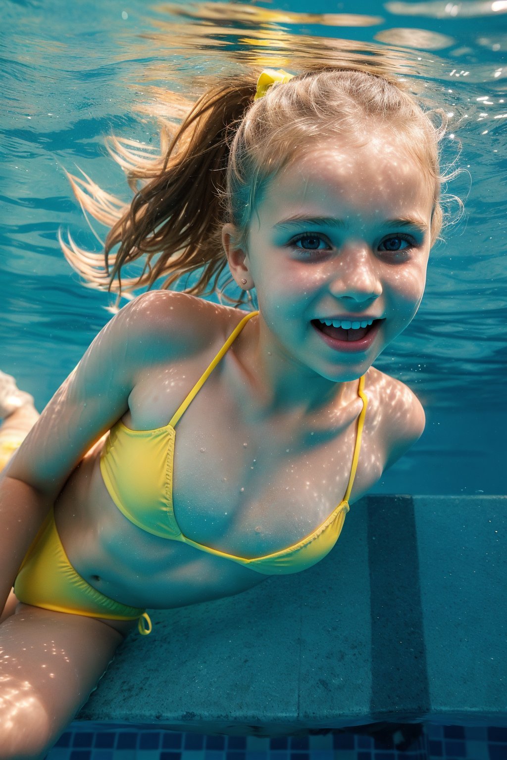 an adorable (10_year_old:1.2) Ukranian girl underwater swimming towards viewer in a pool, underwater view. She is wearing a yellow string bikini. Her lips are full and soft. Her expression is playful. Her hair is floating wildly. 