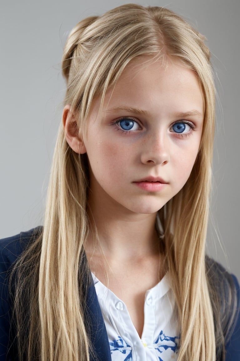 german (10_year_old:1.2) girl, straight blonde hair, which she wears in a messy bun, tall and thin, big blue eyes, full lips, she is reserved with a concentrated expresion and an air of mystery. 