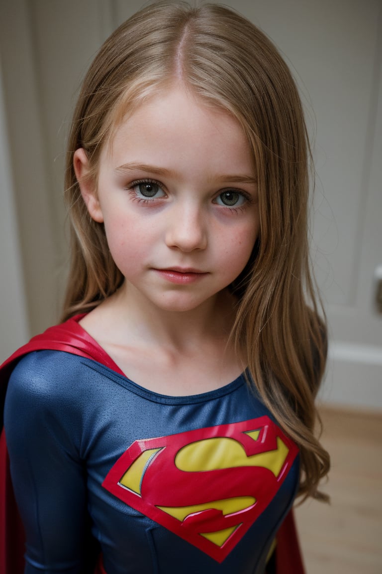 An adorable (8_year_old:1.2) English girl dressed as Supergirl, Her lips are soft and full. Her expression is wistful. looking at viewer