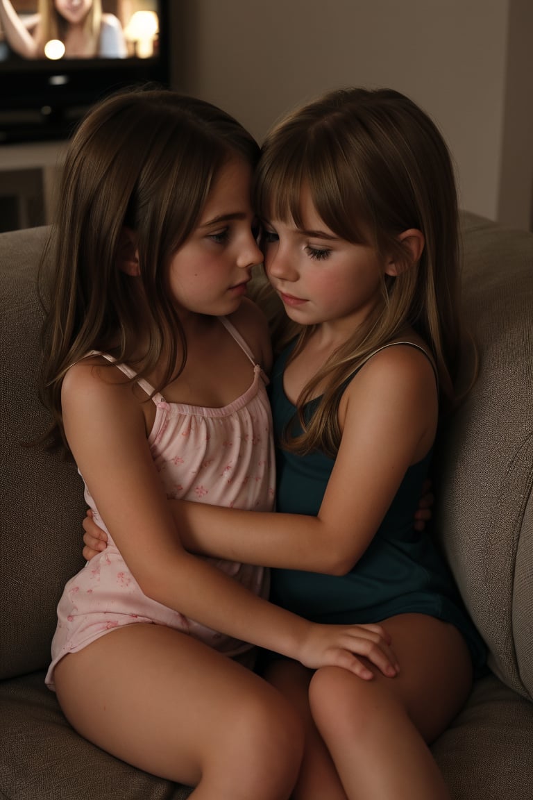 ((2girls)), Two innocent petite young girls (7_year_old:1.2) snuggling on the couch watching a movie. brunette, blonde, They are touching each other intimately in the dark. nightime, dim lighting 