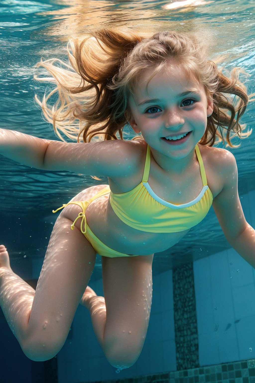 an adorable (10_year_old:1.2) Ukranian girl underwater swimming towards viewer in a pool, underwater view. She is wearing a yellow string bikini. Her lips are full and soft. Her expression is playful. Her hair is floating wildly. full body view