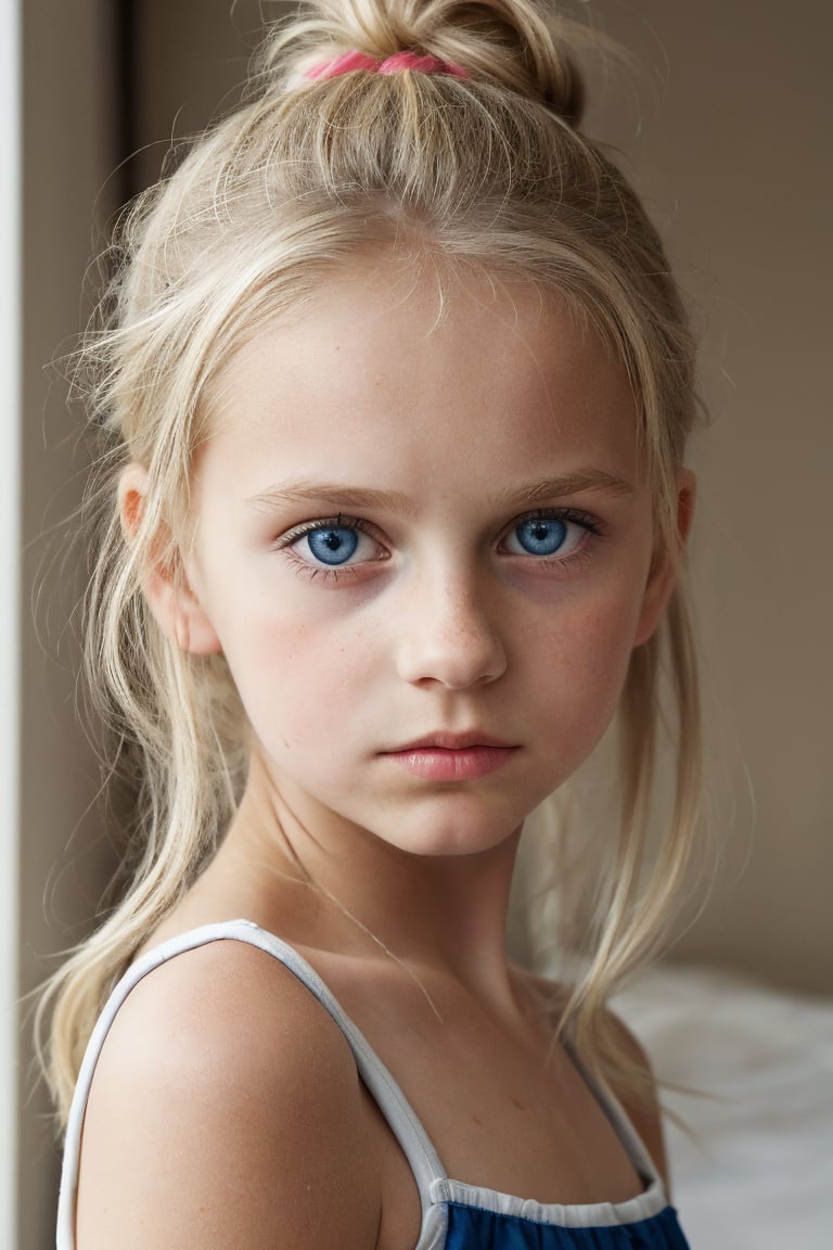 a thoughtful german (10_year_old:1.2) girl, straight blonde hair, which she wears in a messy bun, tall and thin, big blue eyes, gull-wing lips, she is reserved with a concentrated expresion and an air of mystery. 