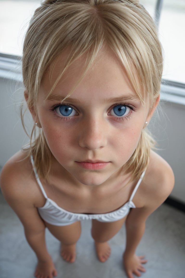 german (10_year_old:1.2) girl, straight blonde hair, which she wears in a messy bun, tall and thin, big blue eyes, full lips, she is reserved with a concentrated expresion and an air of mystery, ((full body view))