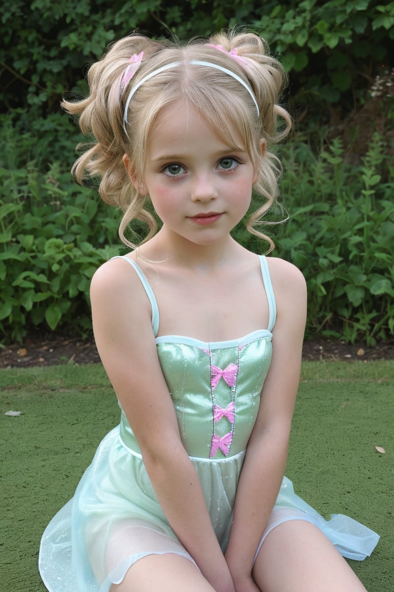 An adorable (8_year_old:1.2) English girl dressed as Tinkerbell, Her lips are soft and full. Her expression is wistful. looking at viewer