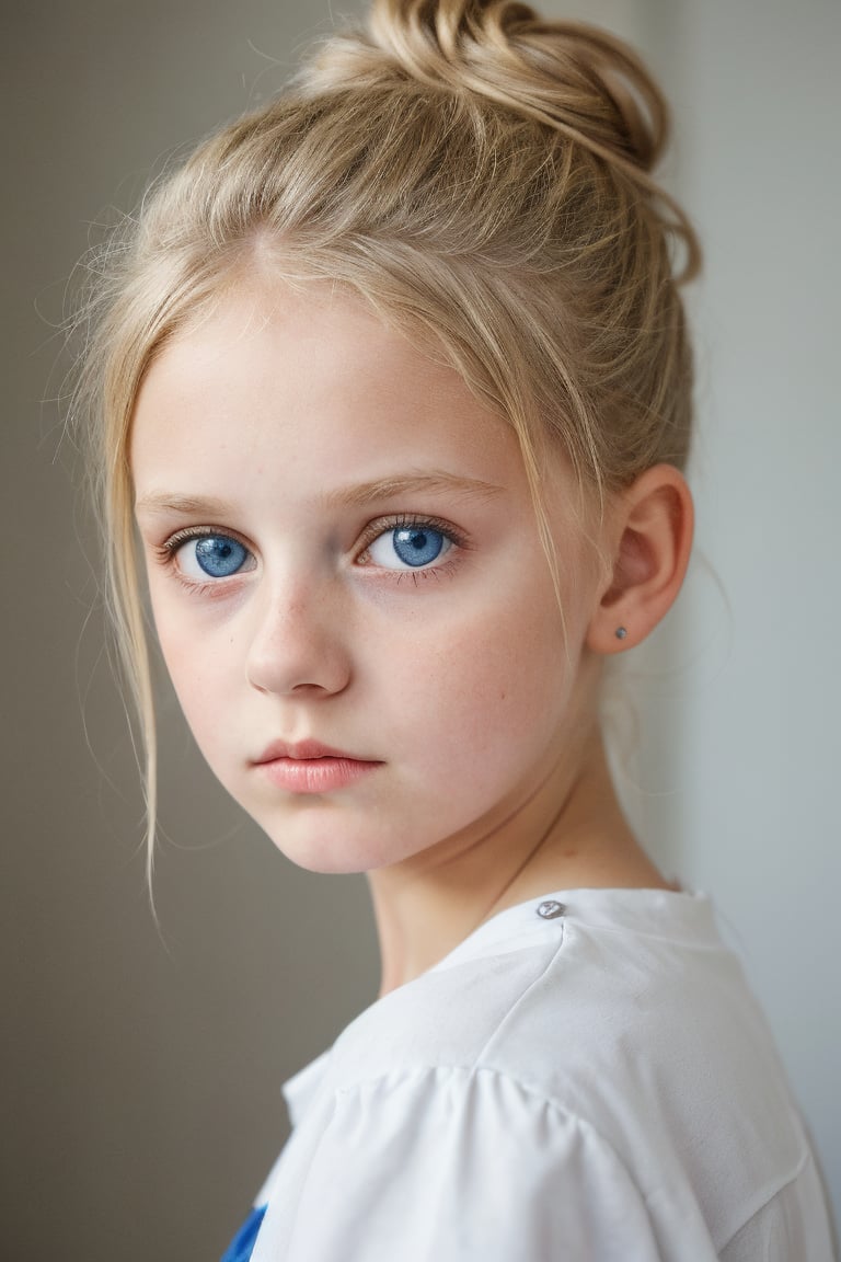 a thoughtful german (10_year_old:1.2) girl, straight blonde hair, which she wears in a messy bun, tall and thin, big blue eyes, gull-wing lips, she is reserved with a concentrated expresion and an air of mystery. 