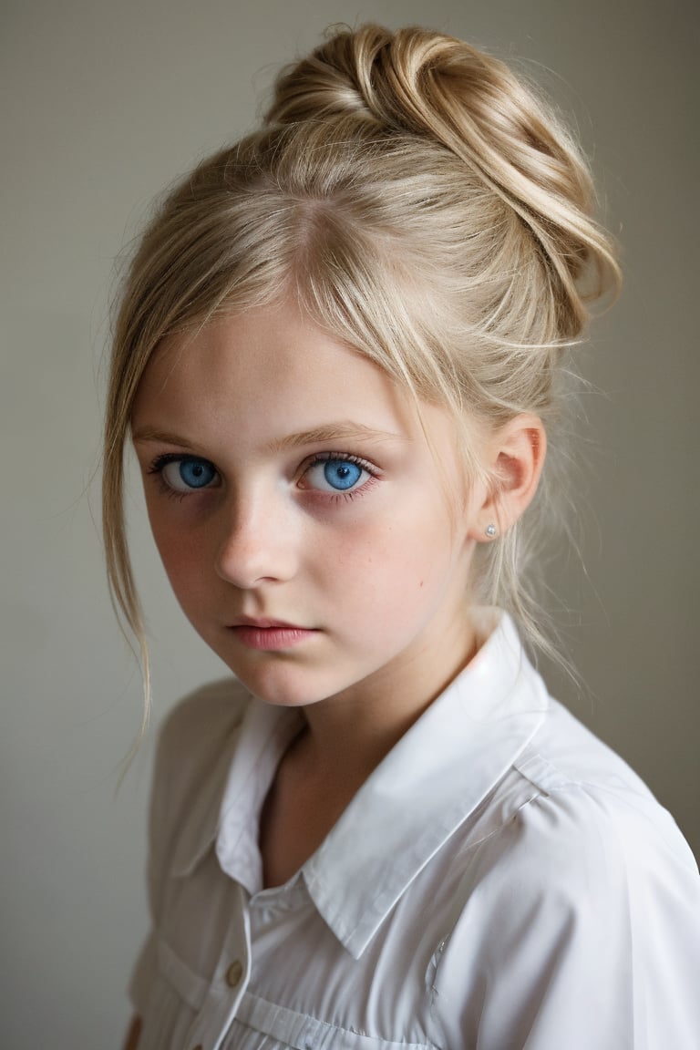 a thoughtful german (10_year_old:1.2) girl, straight blonde hair, which she wears in a messy bun, tall and thin, big blue eyes, gull-wing lips, she is reserved with a concentrated expresion and an air of mystery. 