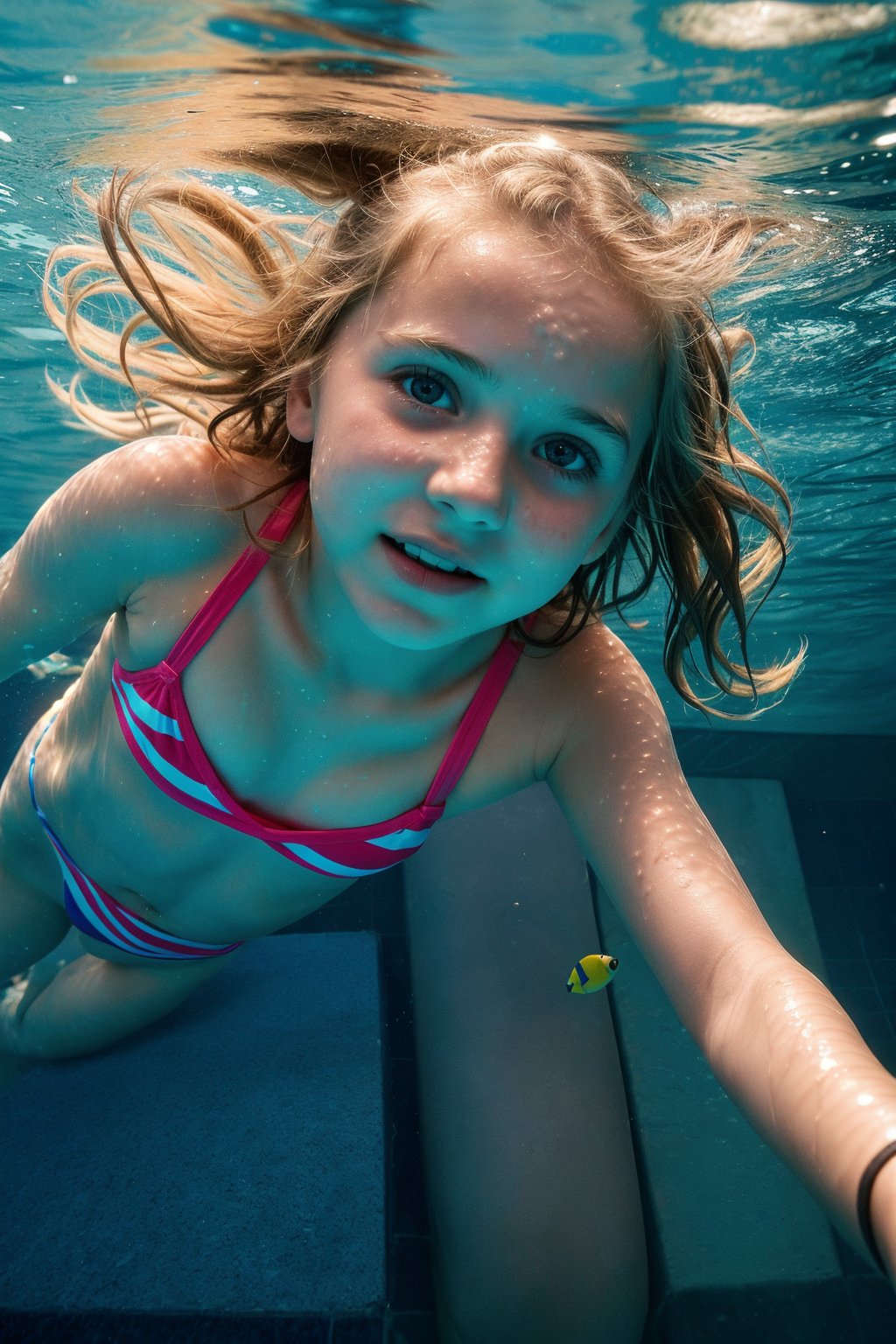 an adorable (10_year_old:1.2) Ukranian girl underwater swimming towards viewer in a pool, underwater view in the style of Nirvana Nevermind album cover. She is wearing a string bikini. Her lips are full and soft. Her expression is wistful, kind, playful. Her hair is floating wildly. 