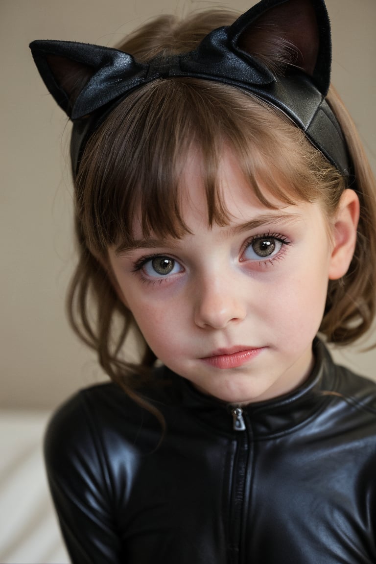 An adorable (8_year_old:1.2) English girl dressed as Catwoman, Her lips are soft and full. Her expression is wistful. looking at viewer