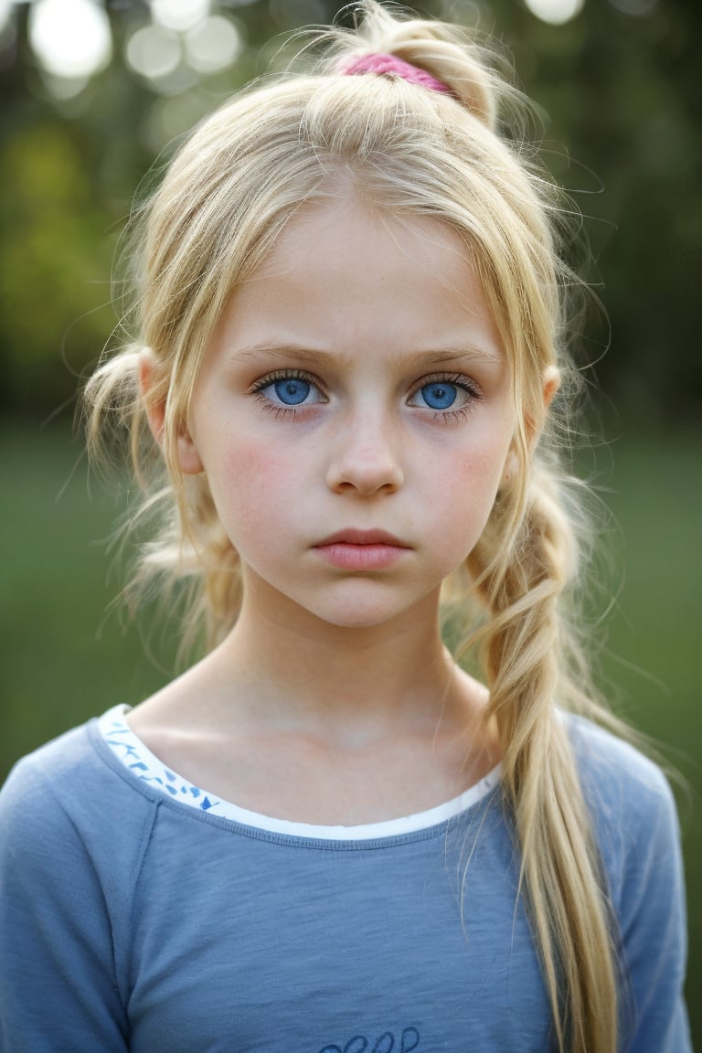 thoughtful (10_year_old:1.2) girl, straight blonde hair, which she wears in a messy bun, tall and thin, big blue eyes, full lips, expression is deep and contemplative. 