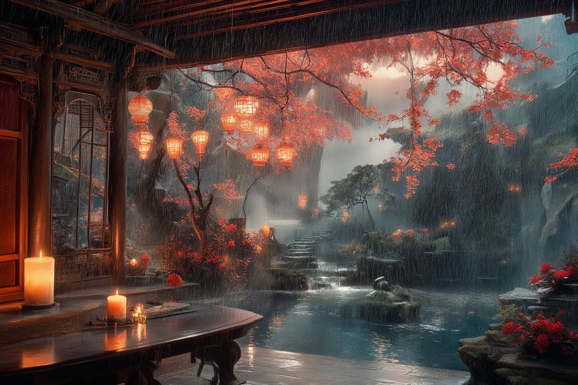 A candle on a table, heavy rain and a pond and a forest outside the window, (Traditional Chinese ink painting), ancient China, (brushwork), Gorgeous colors, masterpiece, beautiful light, 8K, blue and red tone