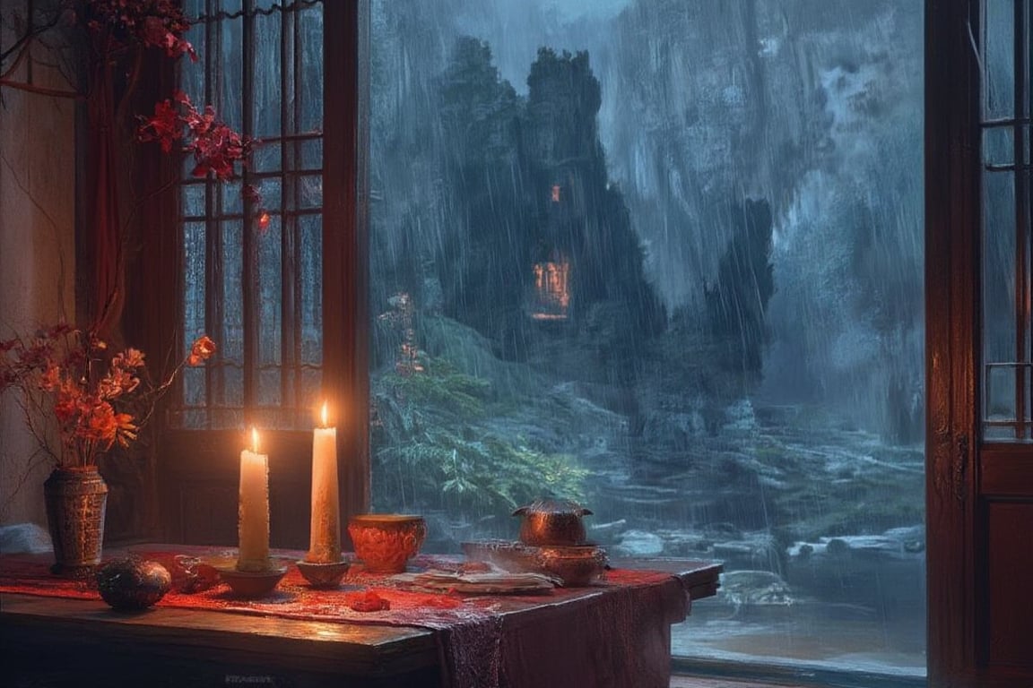 A candle on a table, heavy rain and a pond and a forest outside the window, (Traditional Chinese ink painting), ancient China, (brushwork), Gorgeous colors, masterpiece, beautiful light, 8K, blue and red tone