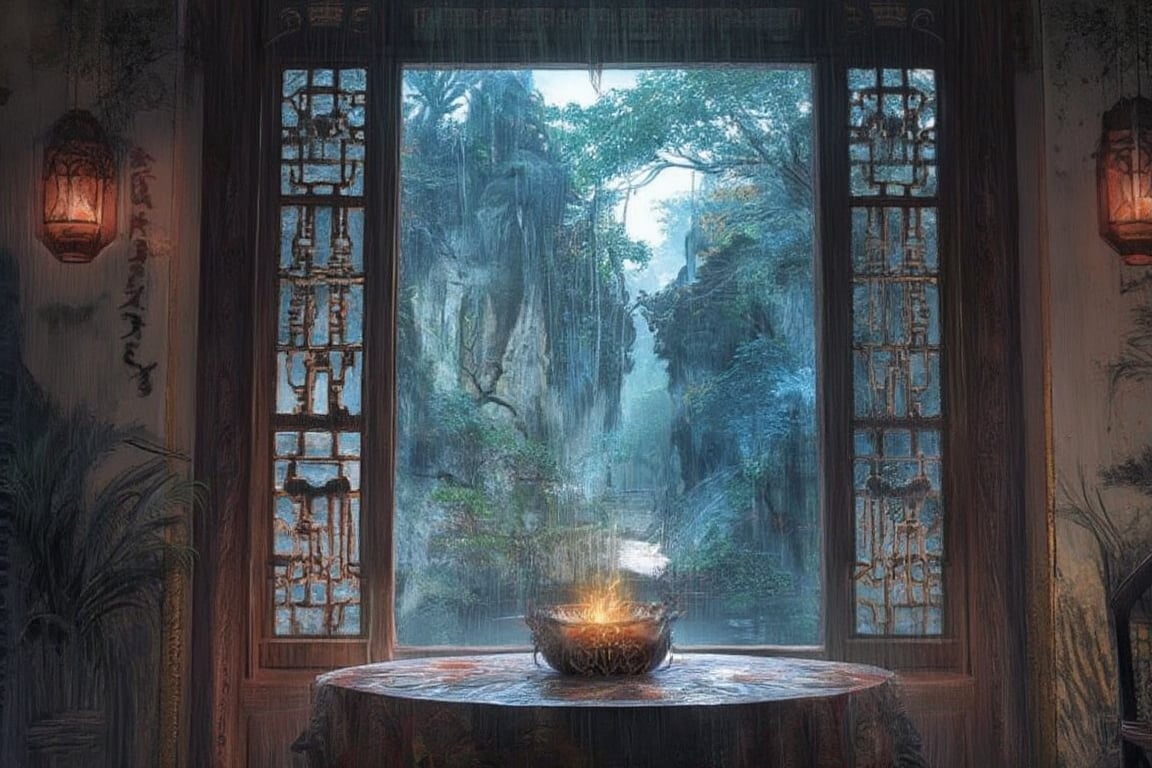 A candle on a table, heavy rain and a pond and a forest outside the window, (Traditional Chinese ink painting), ancient China, (brushwork), Gorgeous colors, masterpiece, beautiful light, 8K, blue and red tone