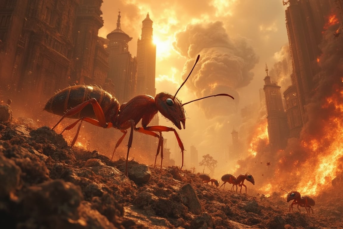 Armageddon or the the end times has come in the form of giant ants. The giant ants has enough bullshit from the humans so they ledf the oceans and destroy all cities in their pinch for revenge. There are human armies trying to stop them