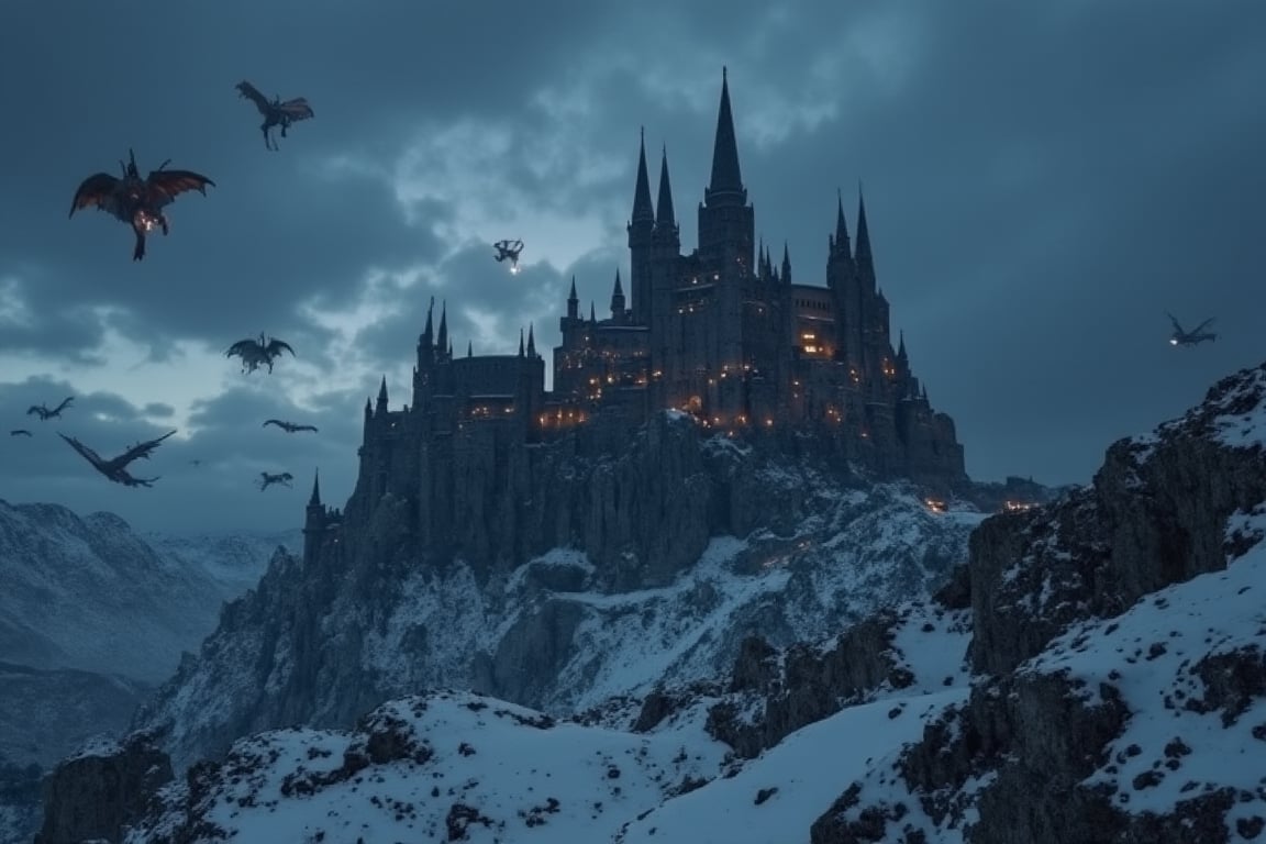 a huge mysteriously structured castle made of cement in the side on a mountain in the snow, dark gloomy night. The castle has a fantastic appearance。Several dragons are flying in the sky and sprying fire.