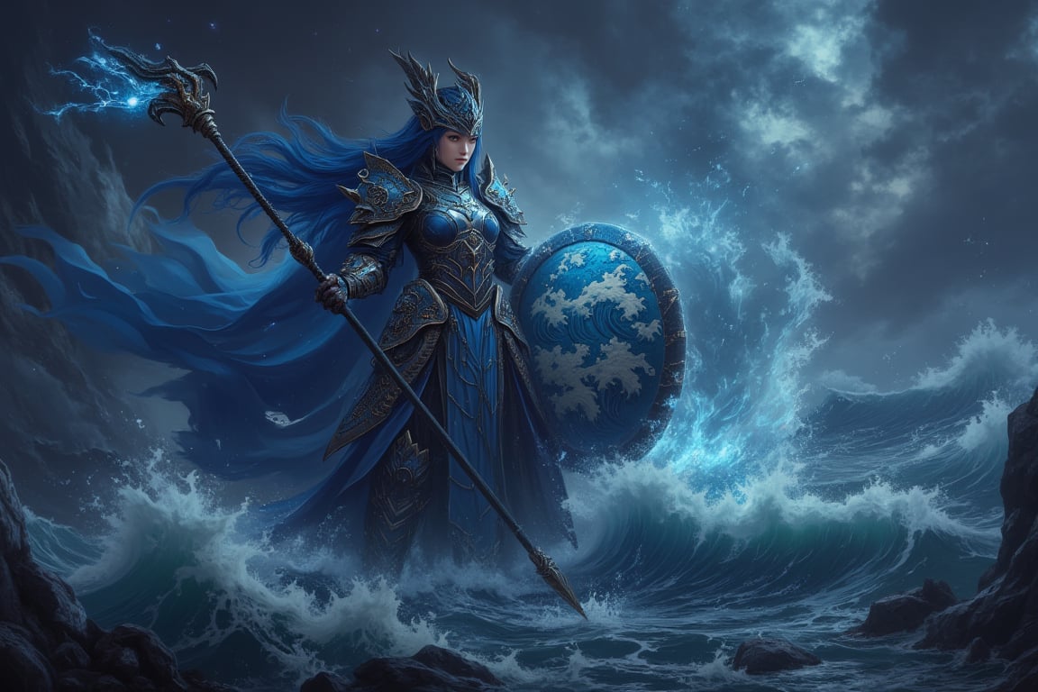 8K UHD digital painting, Gonggong, the paladin goddess, stands victorious amidst turbulent waters. Dark iron and scale armor glisten in a dimly lit, misty atmosphere. Her dragon-adorned helmet and breastplate, etched with tidal waves and serpents, reflect her dominion over oceans and rivers. A massive trident crackles with deep energy, while a shield emblazoned with roaring sea waves glows. Gonggong's dynamic pose captures her summoning a mighty tidal wave, with blue hair flowing like water behind her. The divine, water-soaked ground beneath her feet seems ready to unleash her full fury upon the battlefield.