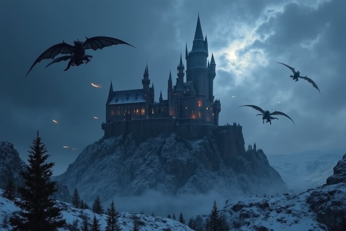 a huge mysteriously structured castle made of cement in the side on a mountain in the snow, dark gloomy night. The castle has a fantastic appearance。Several dragons are flying in the sky and sprying fire.