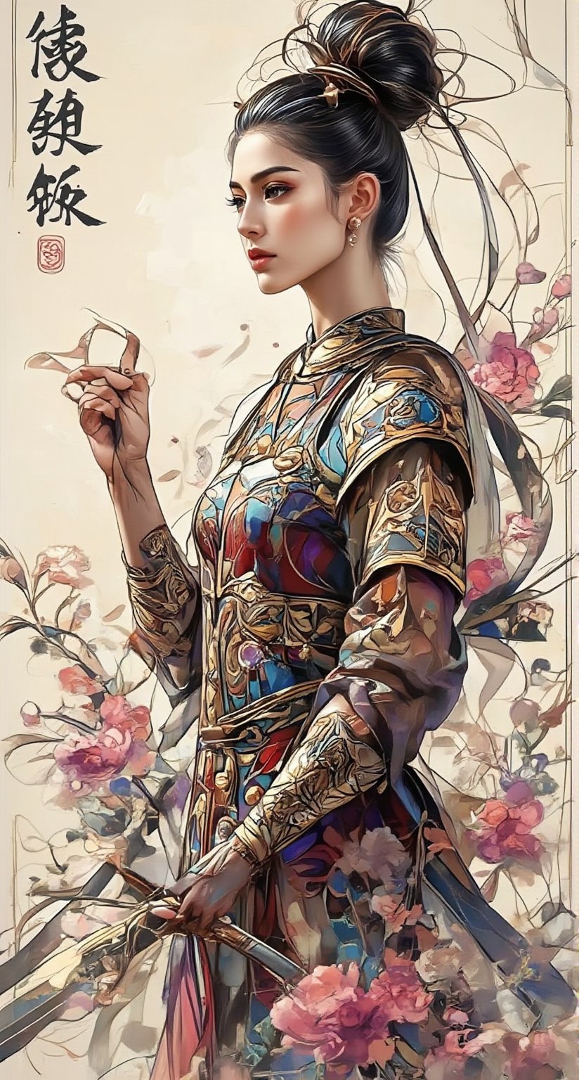 Score_9, score_8_up, score_7_up, retro-modern oil paintings, bold brushstrokes, bright colors. An ancient female general from the ancient Han Dynasty stands proudly, wearing ancient armor and holding a powerful ancient Han sword. Thick, expressive lines outline her delicate features, shadows dance across her face. Splashes of ink pastels bloom around her like wildflowers, echoing the dynamic energy of her poses. Pen tip splashes add whimsical texture, subtle ink smears hint at the general's ferocious determination. Free and confident style, truly reflecting the fearless general. Movie special effects style, add Neo-Rococo style art for added effect.,Glass