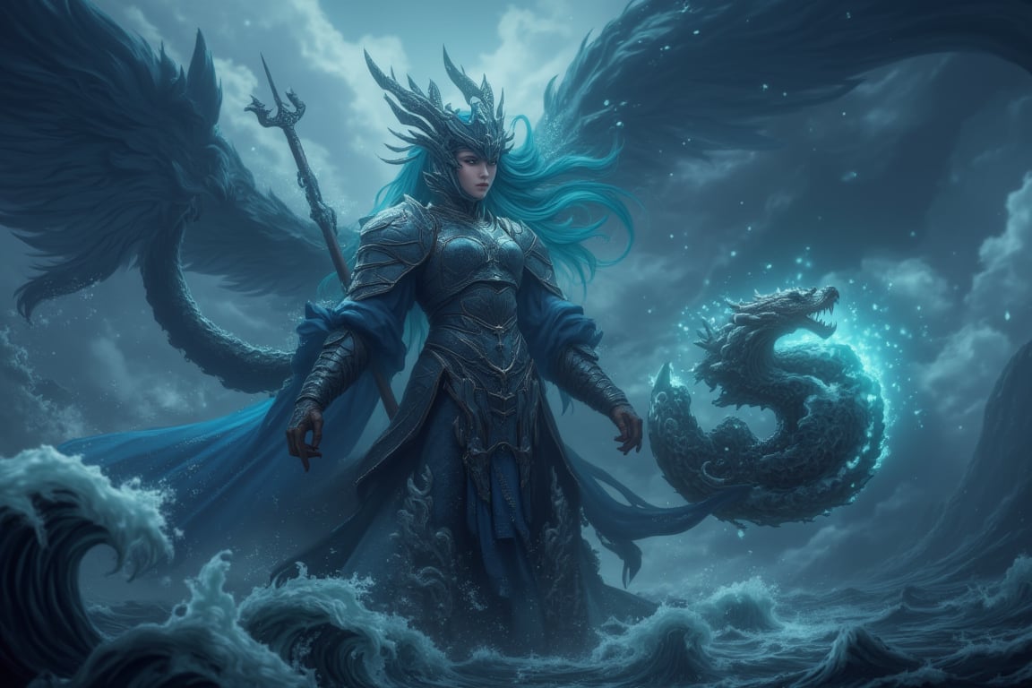 8K UHD digital painting, Gonggong, the paladin goddess, stands victorious amidst turbulent waters. Dark iron and scale armor glisten in a dimly lit, misty atmosphere. Her dragon-adorned helmet and breastplate, etched with tidal waves and serpents, reflect her dominion over oceans and rivers. A massive trident crackles with deep energy, while a shield emblazoned with roaring sea waves glows. Gonggong's dynamic pose captures her summoning a mighty tidal wave, with blue hair flowing like water behind her. The divine, water-soaked ground beneath her feet seems ready to unleash her full fury upon the battlefield.