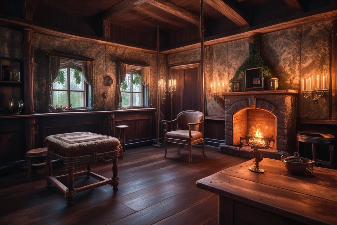 A cozy indoor setting with a warm and inviting atmosphere. A wooden chair sits beside a worn leather-bound book on a rustic table, adjacent to a window framed by ornate wooden shutters. A fire crackles in the stone hearth, casting a golden glow on the wooden floor and tile accents. A candle burns brightly on a sturdy candlestand, illuminating a nearby shelf lined with ancient tomes and mysterious trinkets. In the distance, a stool sits beside a large barrel, adorned with vines and moss. The tile floor is warm and inviting, leading the eye towards the whimsical fantasy scenery unfolding beyond the window. The fireplace blazed with flames, illuminating the room with warmth and brightness.