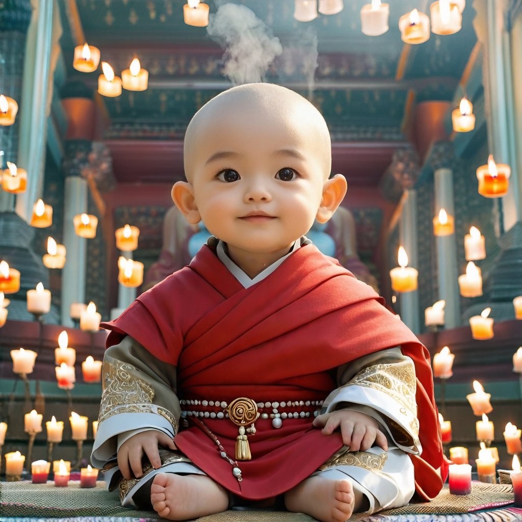 The background was changed to the interior of a Buddhist hall. There were many candles, which illuminated the room very brightly. There was a tall Buddha statue deep in the Buddhist hall, and smoke was lingering. Note that the little monk has a bald head and no decorations on his ears.