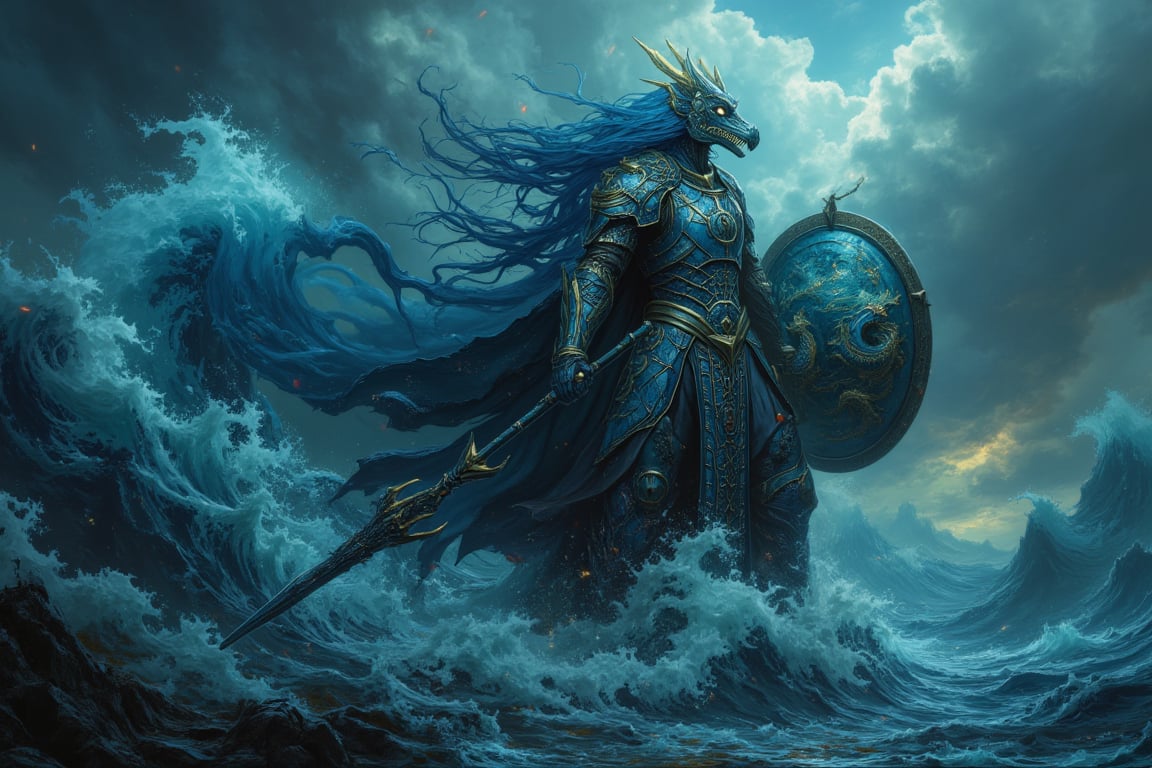 8K UHD digital painting, Gonggong, the paladin goddess, stands victorious amidst turbulent waters. Dark iron and scale armor glisten in a dimly lit, misty atmosphere. Her dragon-adorned helmet and breastplate, etched with tidal waves and serpents, reflect her dominion over oceans and rivers. A massive trident crackles with deep energy, while a shield emblazoned with roaring sea waves glows. Gonggong's dynamic pose captures her summoning a mighty tidal wave, with blue hair flowing like water behind her. The divine, water-soaked ground beneath her feet seems ready to unleash her full fury upon the battlefield.