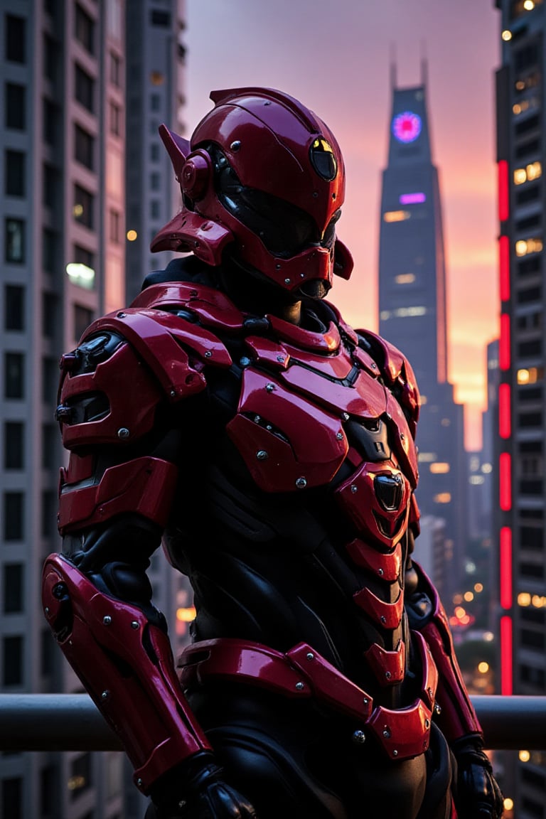 A dramatic dusk settles over the cityscape, casting warm hues on the mechanized armor of a crimson-clad samurai standing resolute. Neon lights dance across their armored form, reflecting off skyscrapers with hyper-realistic detail. The samurai's determined pose dominates the scene, amidst a kaleidoscope of color and light, as long shadows stretch across the futuristic metropolis' towering structures.