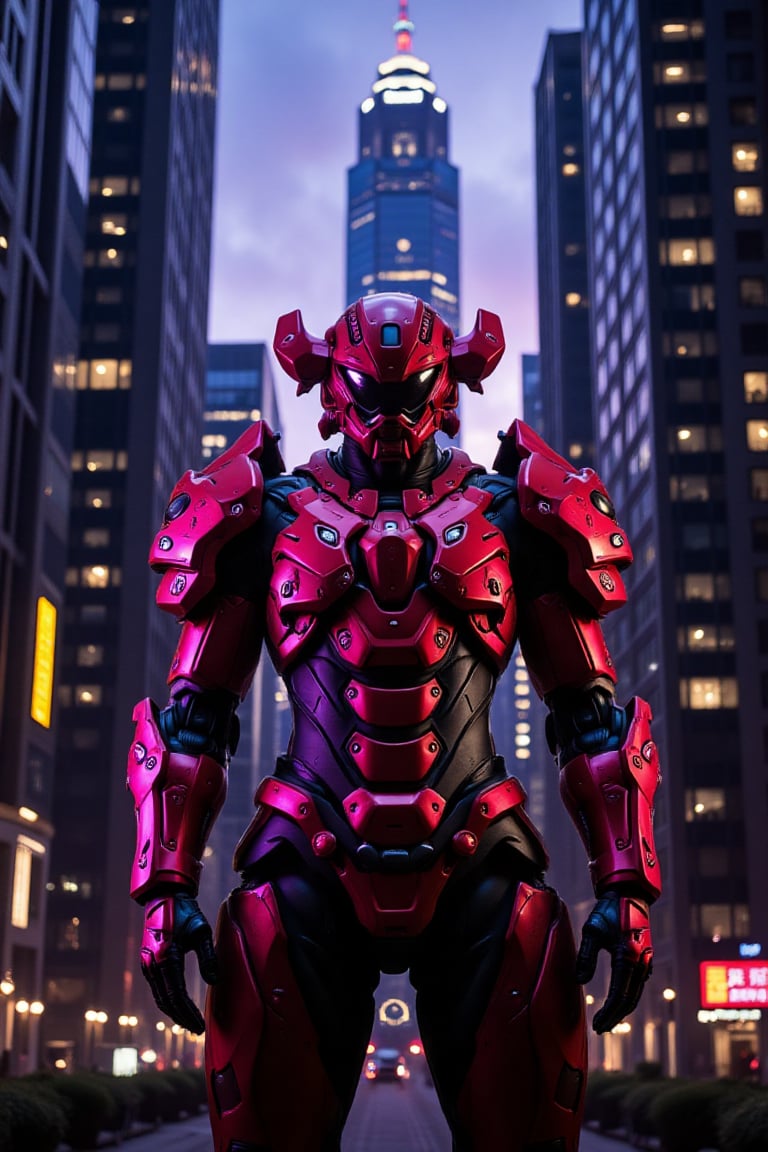 A majestic cityscape at dusk, with crimson-clad samurai standing tall amidst neon-lit skyscrapers. Mechanized armor glows heroically, reflected in hyper-realistic detail off gleaming steel and glass towers. The samurai's determined stance commands attention, framed by long shadows cast by the setting sun. Neon hues dance across their armored form, a kaleidoscope of color and light against the futuristic metropolis' towering structures.