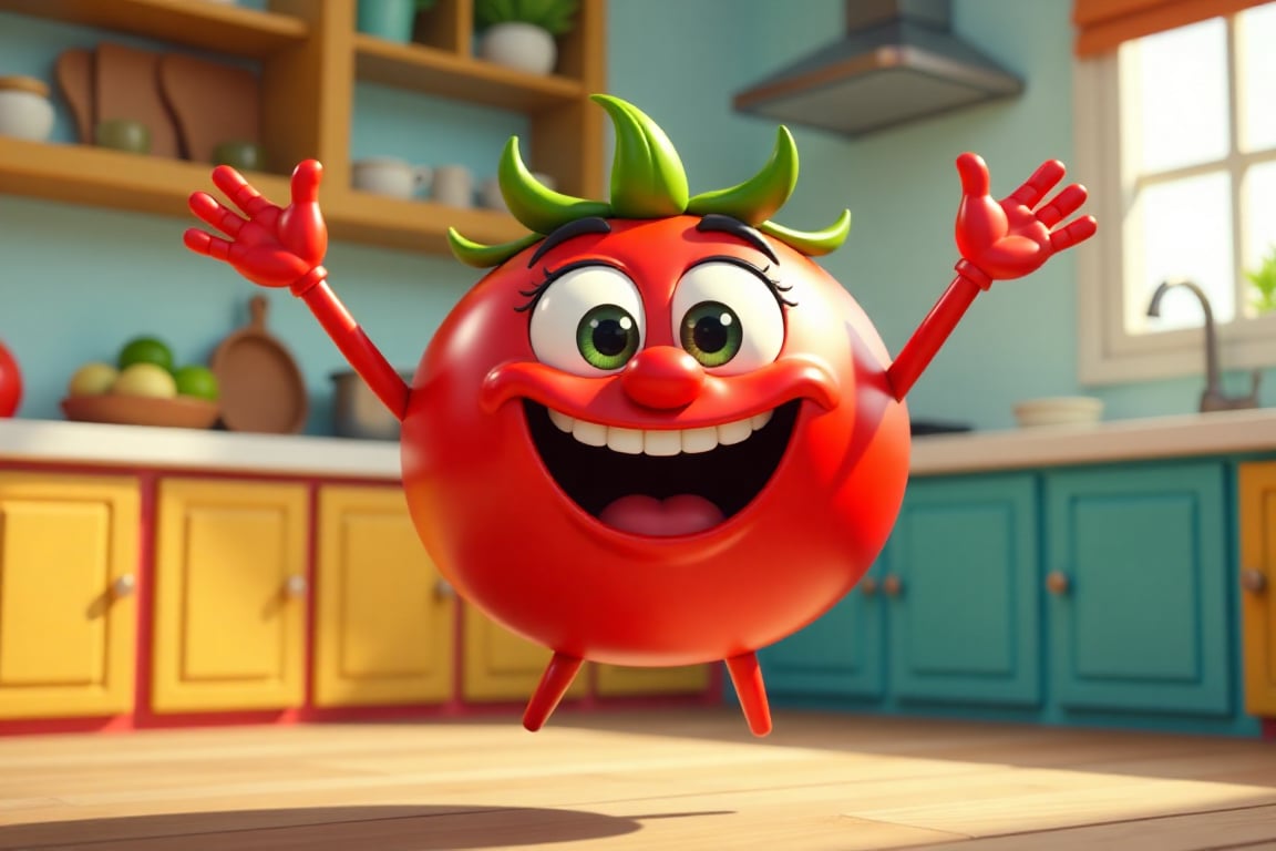 "A lively,  round tomato character named Tom with glossy red skin,  large expressive eyes by user_781378401092225218 on Te...