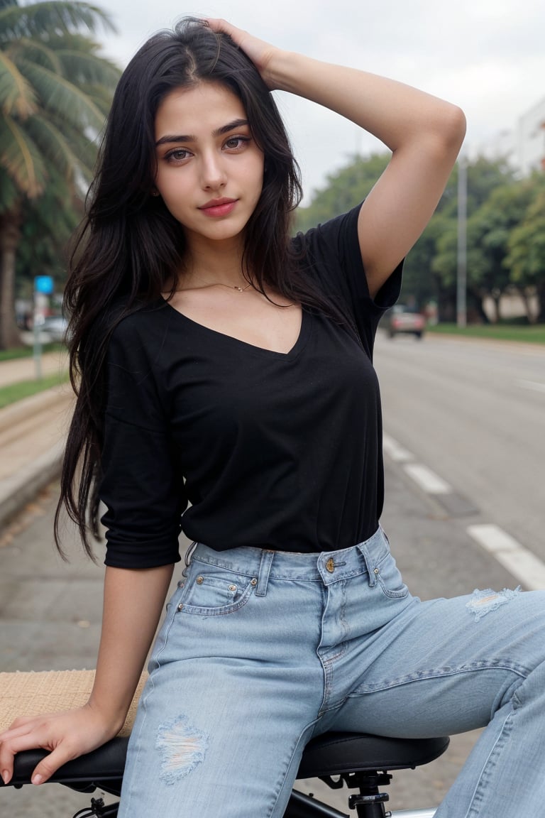 lovely cute young attractive indian girl, blue eyes, gorgeous actress, 23 years old, cute, an Instagram model, long hair, black hair, Indian, wearing black top,jeans, bangles ear , riding a bike . 