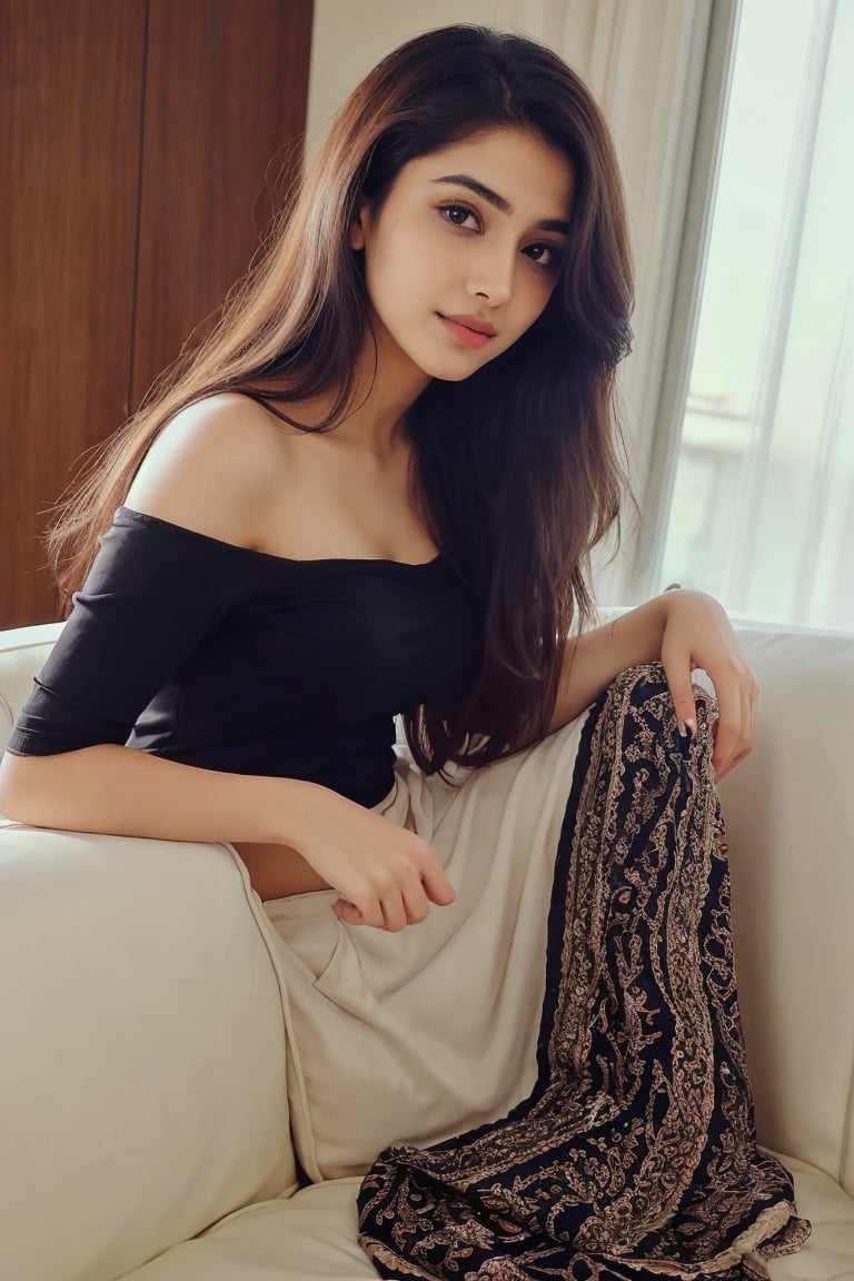 beautiful cute young attractive indian, smart girl, 22 years old, cute, Instagram model , straight standing position, long black_hair, colorful hair, warm, dacing, in home sit at sofa, indian, wearing clothes