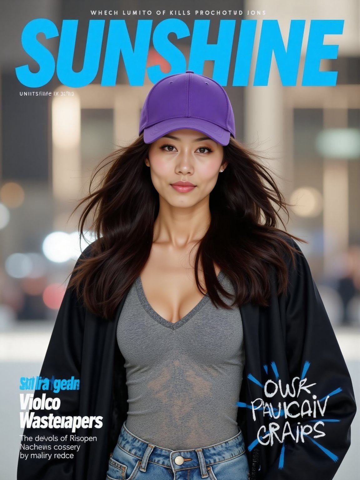 The prominent blue letters at the top of the magazine cover read 'SUNSHINE'.(RAW photo, 4k, realistic, exquisitely detailed skin),masterpiece,best quality,unity 8k wallpaper,ultra detailed,cinematic look,natural skin texture,extremely realistic skin texture,finely detailed face,(film grain:1.2),cinematic angle,Fujifilm XT3,,(highlydetailed),(bright scene)An ad for a magazine features a woman with long dark hair and a purple baseball cap. The woman is wearing a black jacket over a gray shirt and blue jean shorts.
