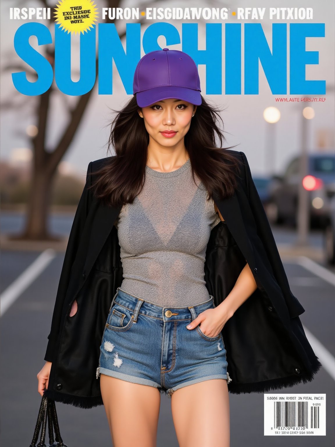 The prominent blue letters at the top of the magazine cover read 'SUNSHINE'.(RAW photo, 4k, realistic, exquisitely detailed skin),masterpiece,best quality,unity 8k wallpaper,ultra detailed,cinematic look,natural skin texture,extremely realistic skin texture,finely detailed face,(film grain:1.2),cinematic angle,Fujifilm XT3,,(highlydetailed),(bright scene)An ad for a magazine features a woman with long dark hair and a purple baseball cap. The woman is wearing a black jacket over a gray shirt and blue jean shorts.
