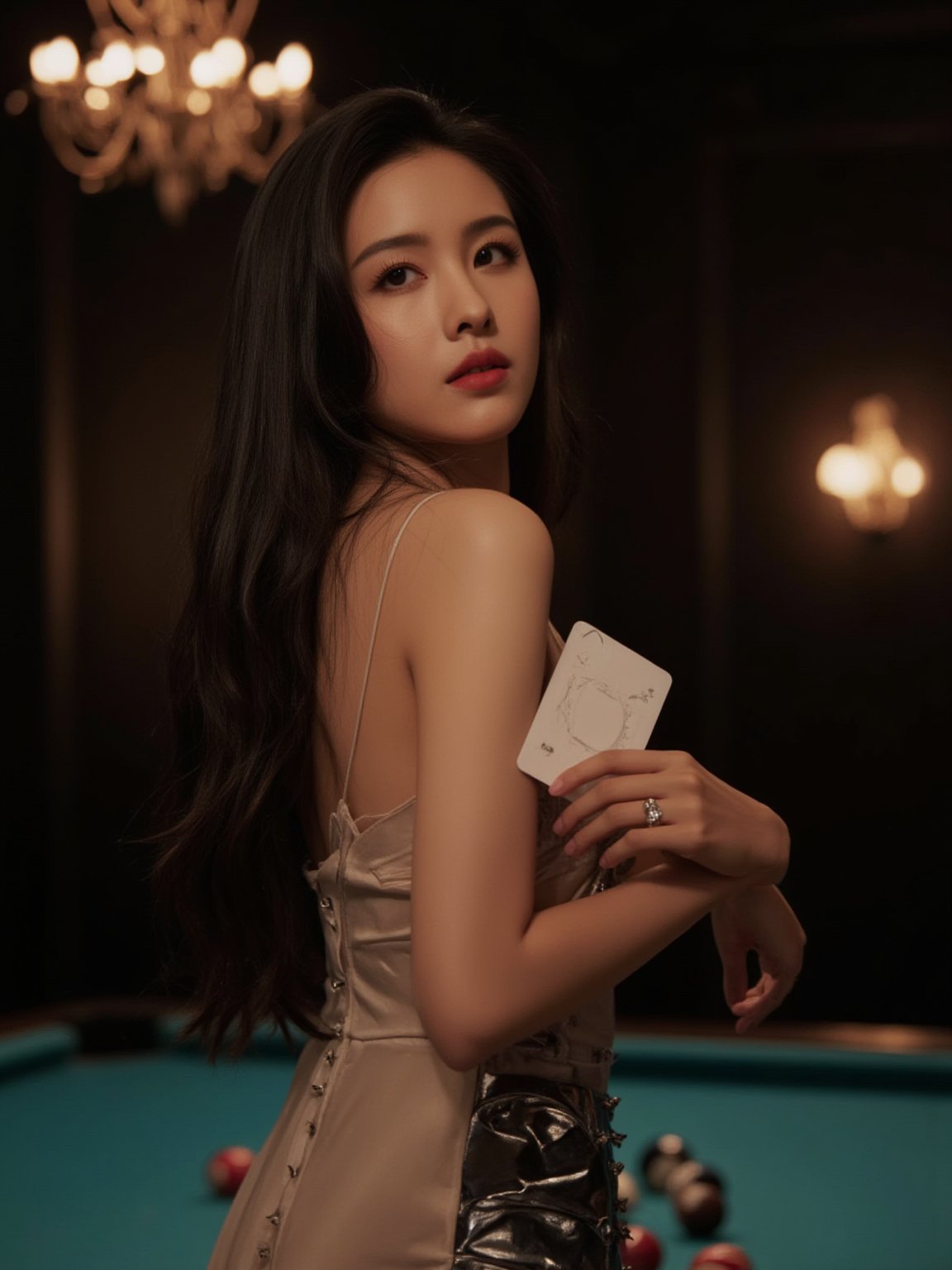 High-contrast, cinematic shot of a stunning Asian woman standing in front of a pool table, captured at eye-level with Fujifilm XT3. Her long hair cascades down her left shoulder, framing her right shoulder as she holds a white card in her right hand. Exquisitely detailed skin glistens under vivid illumination, accentuating the natural texture and tone. The silver studs on her skirt and the ring on her left hand add pops of color to the scene. Mysterious atmosphere is created by dramatic lighting, with contrast between bright highlights and deep shadows. In the background, a chandelier hangs from the ceiling, adding depth to the harmonious composition. Masterful technique produces stunning visuals, perfect for an ultra-detailed unity 8k wallpaper.