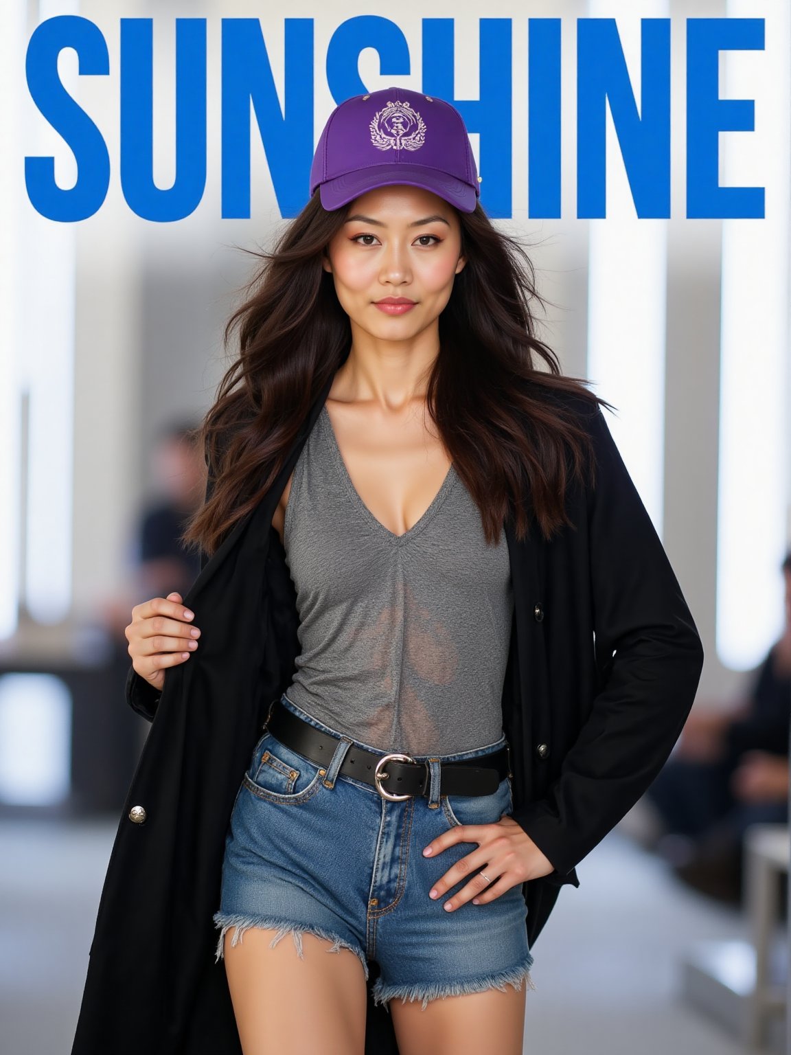 The prominent blue letters at the top of the magazine cover read 'SUNSHINE'.(RAW photo, 4k, realistic, exquisitely detailed skin),masterpiece,best quality,unity 8k wallpaper,ultra detailed,cinematic look,natural skin texture,extremely realistic skin texture,finely detailed face,(film grain:1.2),cinematic angle,Fujifilm XT3,,(highlydetailed),(bright scene)An ad for a magazine features a woman with long dark hair and a purple baseball cap. The woman is wearing a black jacket over a gray shirt and blue jean shorts.
