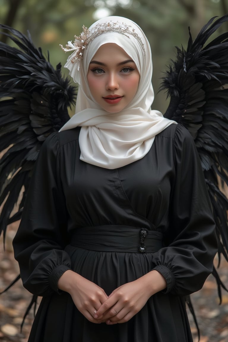 a woman dressed in a black dress, adorned with a white hijab around her neck and a white headband. She is standing with her hands clasped in front of her. Her wings are adorned with black feathers, adding a touch of warmth to her outfit. The background is blurred, creating a stark contrast to the woman's outfit.,Un4d