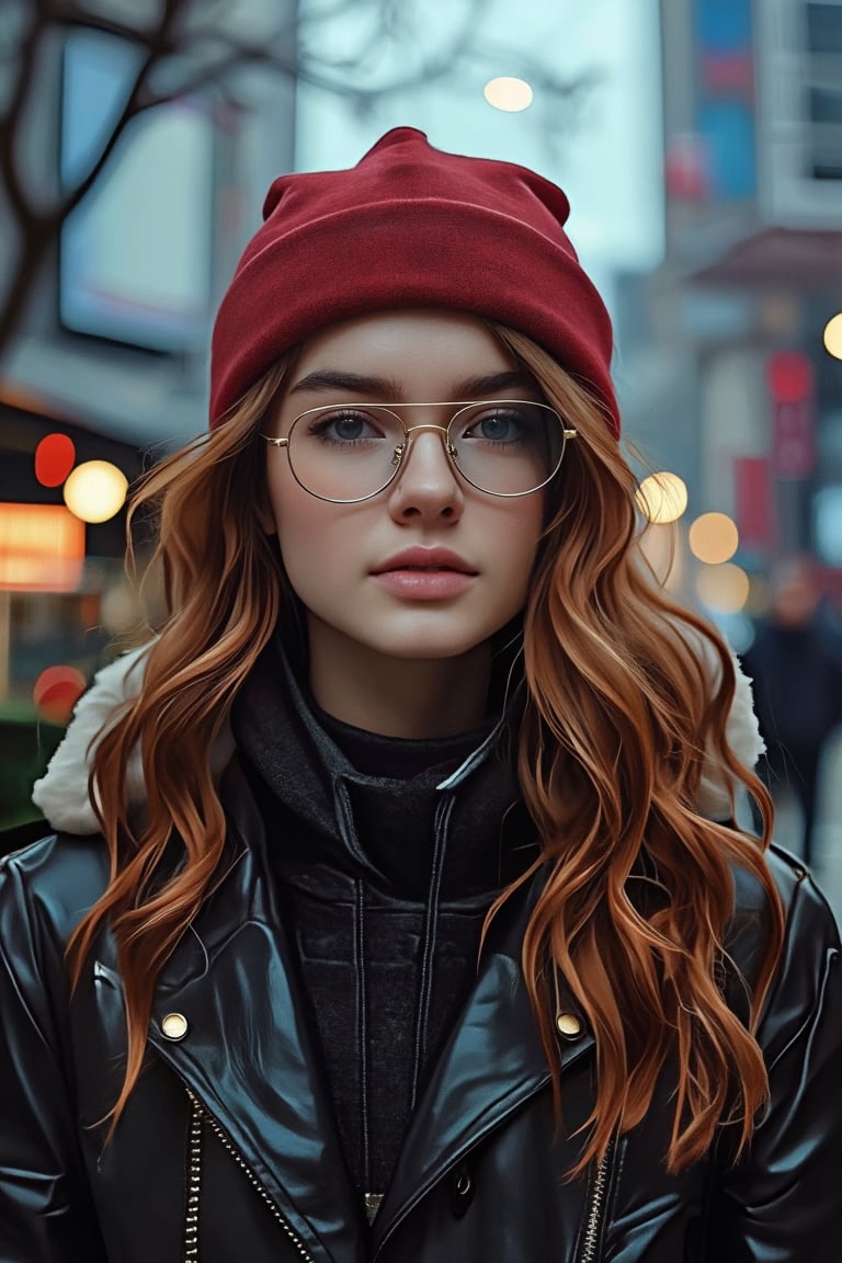 A cinematic, Extremely close-up portrait of a young woman in an urban morning setting, shot from an eye-level perspective with a slight angle to emphasize her face and upper body. She has voluminous long, red-chocolate hair in soft waves, wearing round aviator-style glasses and a red beank cap. Her outfit consists of a  winter leather wool collar jacket over a hoodie, giving a casual streetwear vibe. The lighting is soft and diffused, casting subtle cool-toned highlights on her face and hair, with gentle shadows to contour her features. The background features a blurred bokeh effect with soft blue and white city, enhancing the urban atmosphere. The overall color mood is cool and moody, dominated by blue, gray, and silver tones, creating a calm yet mysterious and slightly futuristic aesthetic.,J4d3,Un4d,N4jku,Shrin4,Pixomeda style,Dyn4Kay