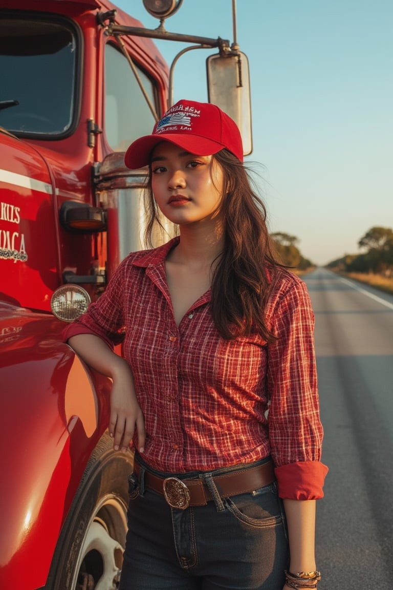 A hyper-realistic, close-up 3/4 side view of a Malay woman with delicate features, wearing a red checkered cowboy shirt and a matching red cap. She is casually leaning against the front of a rugged red American truck, parked on the side of a wide, open highway. The setting captures the warm afternoon light glinting off the truck's glossy surface, with subtle details in the woman’s expression reflecting confidence and independence. In the background, the road stretches into the horizon, framed by sparse trees and a clear blue sky, creating a feeling of freedom and adventure,Sar4he