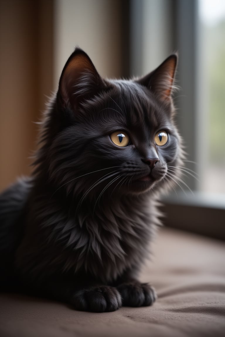 A small black cat (Alex)  beautiful and cute long-haired little black cat, gazing into the distance with determination in his eyes.