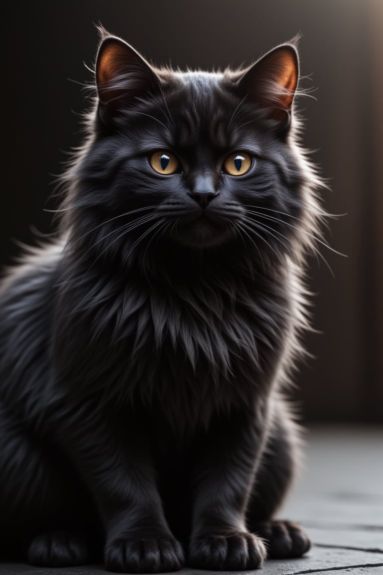 A small black cat (Alex)  beautiful and cute long-haired little black cat, gazing into the distance with determination in his eyes.