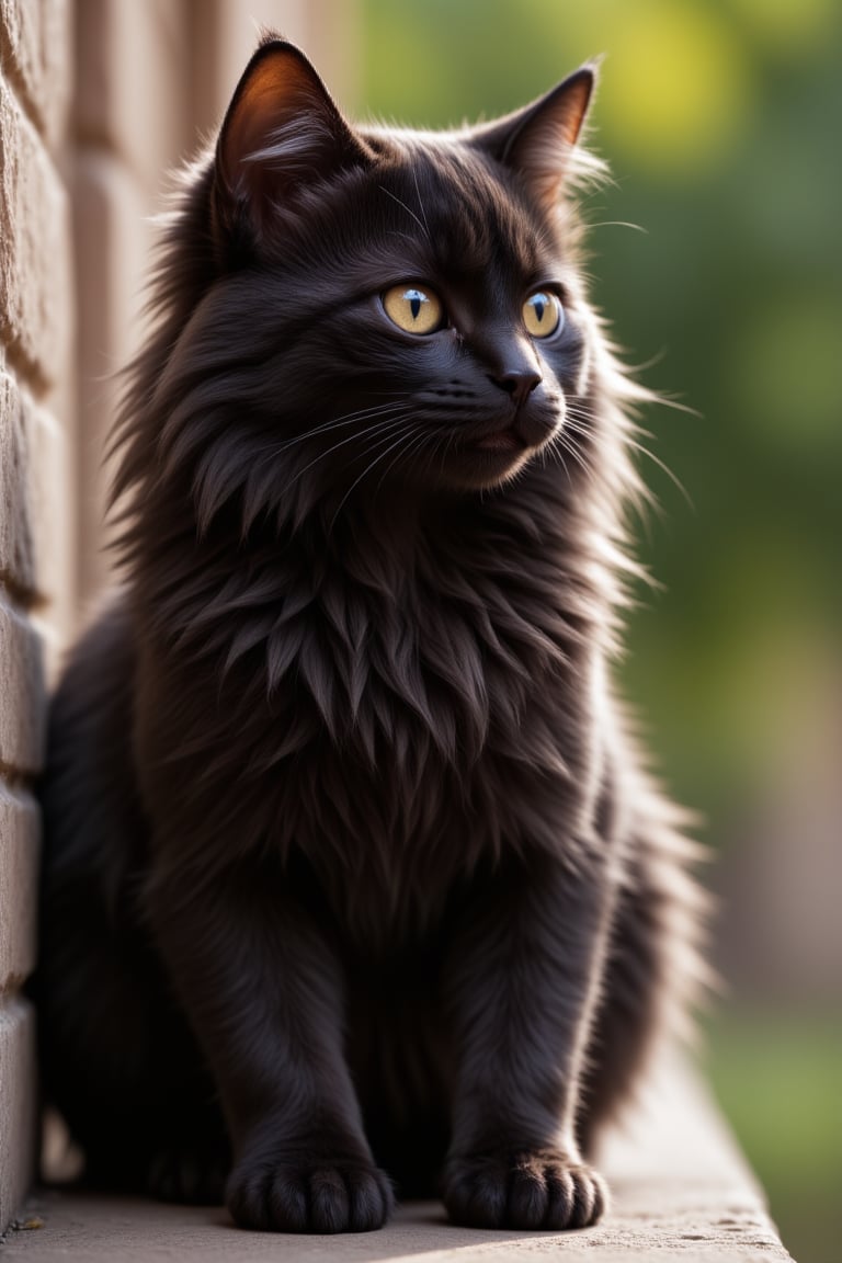 A small black cat (Alex)  beautiful and cute long-haired little black cat, gazing into the distance with determination in his eyes.