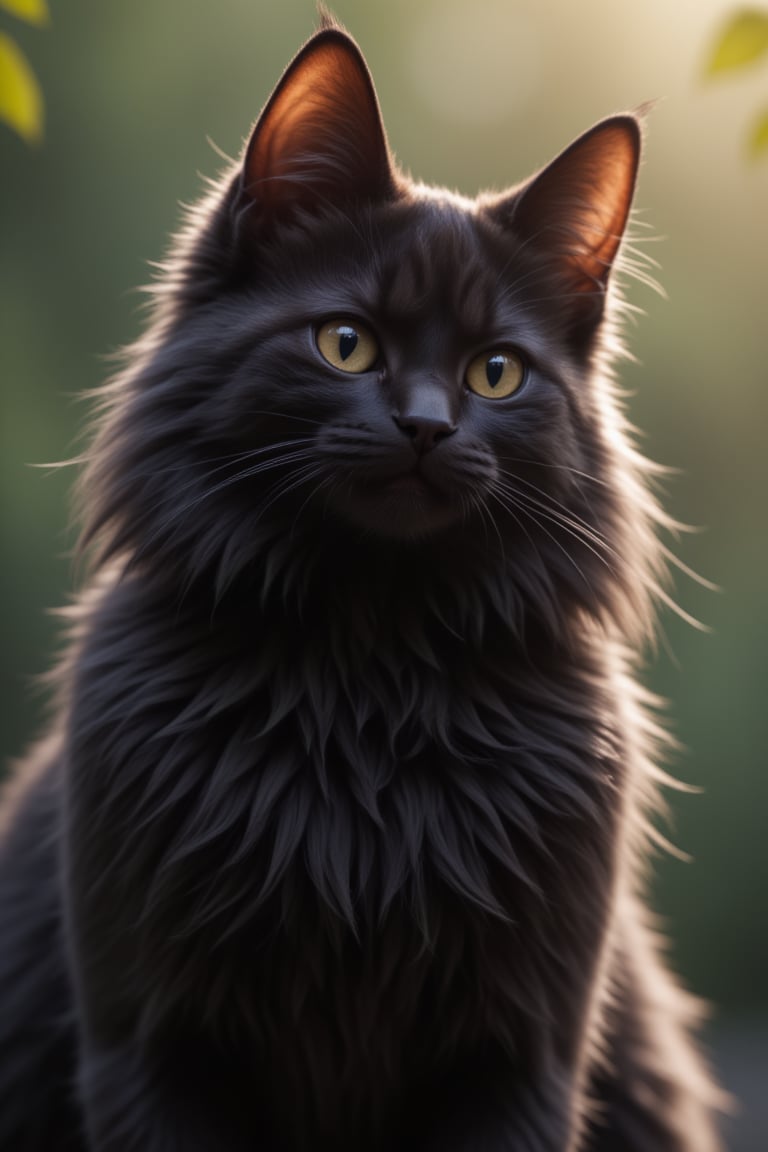 A small black cat (Alex)  beautiful and cute long-haired little black cat, gazing into the distance with determination in his eyes.