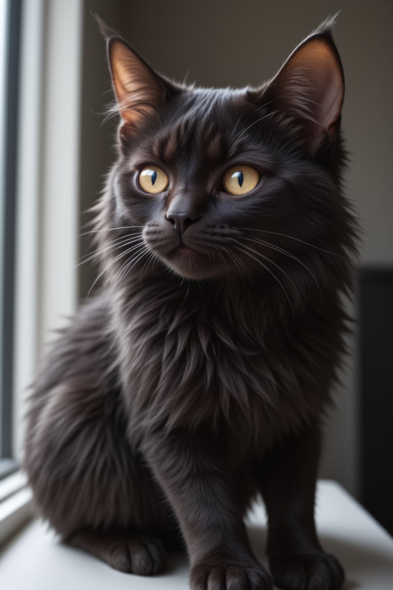 A small black cat (Alex)  beautiful and cute long-haired little black cat, gazing into the distance with determination in his eyes.