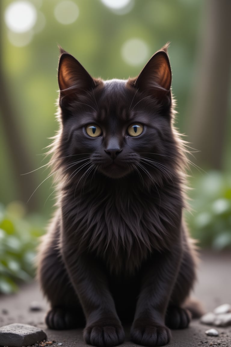 A small black cat (Alex)  beautiful and cute long-haired little black cat, gazing into the distance with determination in his eyes.