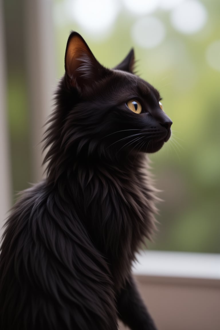 A small black cat (Alex)  beautiful and cute long-haired little black cat, gazing into the distance with determination in his eyes.