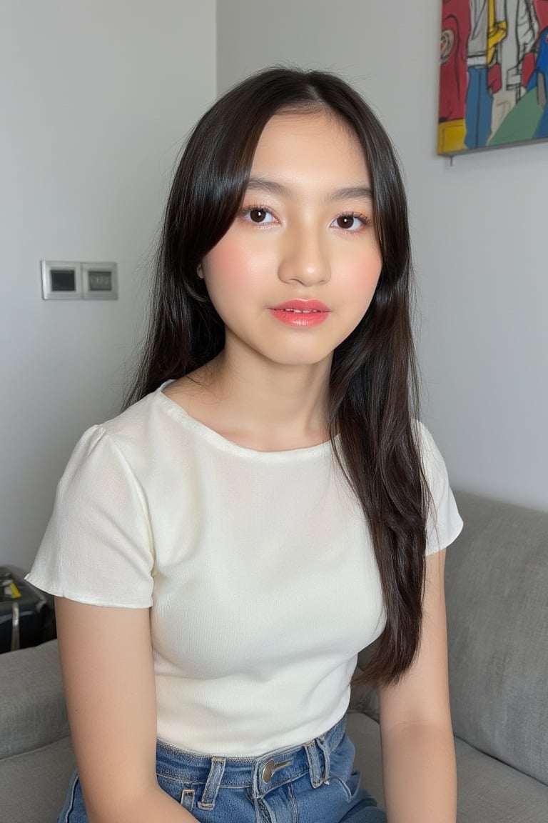 The image is a high-resolution photograph of a young Asian woman with long, straight, dark brown hair, sitting on a light gray couch. The photo is taken from a front-facing angle, capturing her from the waist up. She has a fair complexion and is wearing a simple, fitted white short-sleeve top that accentuates her slim physique. Her expression is neutral, with a hint of seriousness or contemplation, and she has full, slightly parted lips with a natural pink hue.

She is dressed in high-waisted, loose-fitting blue jeans that create a casual, relaxed look. The background is a plain, light gray wall with a minimalistic design, featuring a small, modern light switch on the left side and a part of a colorful abstract painting on the right. The lighting is soft and even, coming from the front, which eliminates harsh shadows and highlights the subject's facial features and the texture of her clothing.

The composition follows the rule of thirds, with the woman's face and upper body positioned along the upper third line, drawing the viewer's eye directly to her face. The overall aesthetic quality of the image is very high, with a clean, professional look that emphasizes simplicity and natural beauty. The image is safe for work (sfw) and does not contain any suggestive or explicit content.