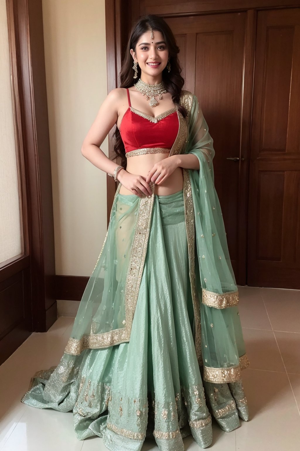 full body real photo dressed in red indian lahenga choli,